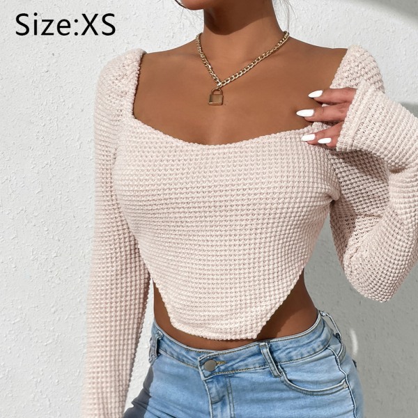 Long Sleeve Knitted Solid Crop Top Square Neck Fitted Tee Shirts