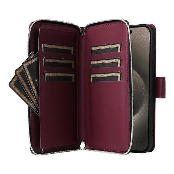 R20 Kompatibel med iPhone 15 Pro Max Fodral Dragkedjeficka PU Läderfodral med 9 Kortplatser A