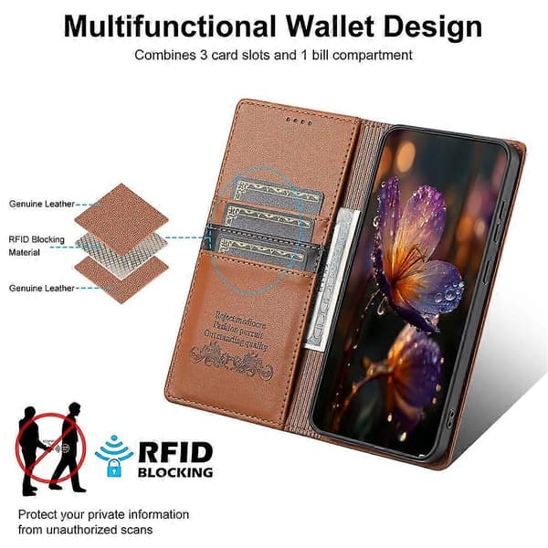 N.BEKUS P3 Stativfodral Kompatibelt med Xiaomi Redmi Note 15 4G (Global) / 15 5G (Global) / Poco M8 5G RFID Plånbok PU LäderBrun