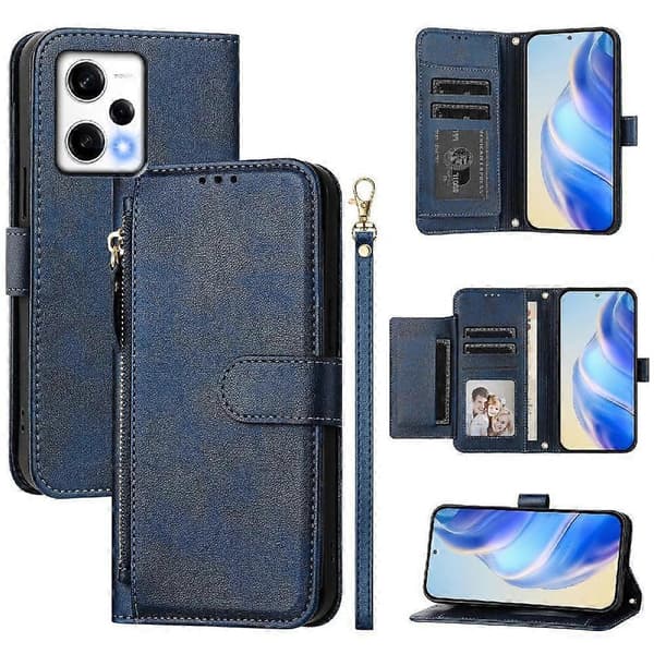 Flip-etui til Xiaomi Redmi Note 12 Pro 5G lynlås kortholder PU læder magnetisk blå