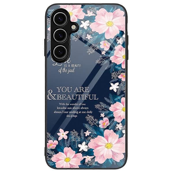 För Samsung Galaxy S24 FE Mobilskal Mönsterdesign Härdat Glas+PC+TPU Mobilskal Rosa Blommor