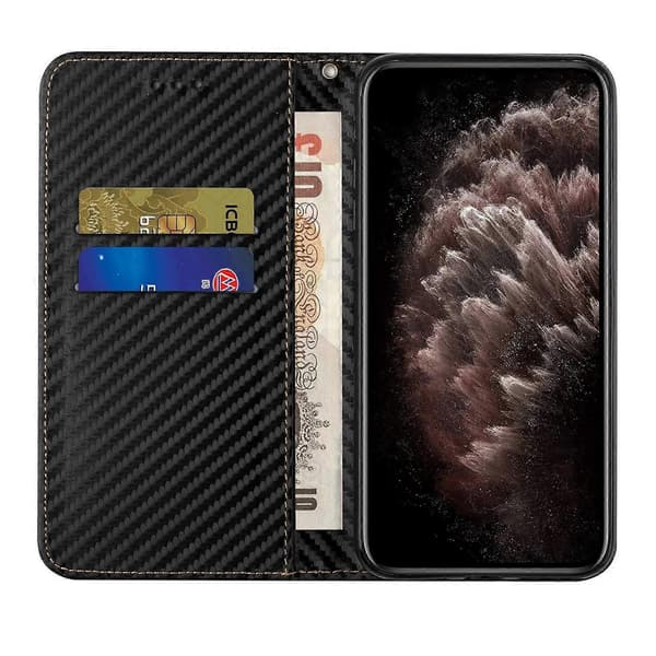 För Samsung Galaxy A14 5G/4G Kolfibertextur PU-läder Plånboksfodral Stativ Telefonfodral med handledsrem