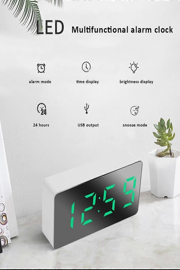 LED Elektrisk Digital Väckarklocka Nätbatteri Spegel Temperaturdisplay