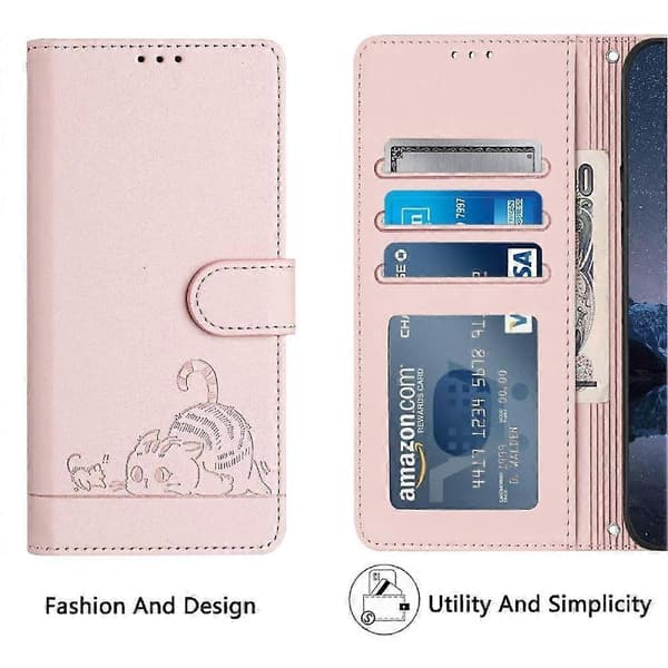 Fodral för iPhone 15 Plus Kortplats Hållare Stöd Katt RFID Plånbok Flipskydd Rosa