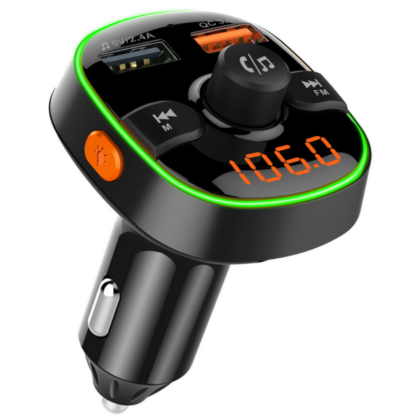 Bluetooth FM-sender for bil, QC3.0 trådløs radio Bluetooth-adapter Musikkspiller Lader Bilsett med håndfri, 7-farger LED-bakbelyst, 2 USB