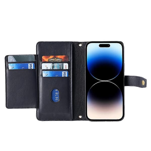 För iPhone 14 Pro Max PU-läderfodral med dragkedjeficka, handledsrem och axelrem A