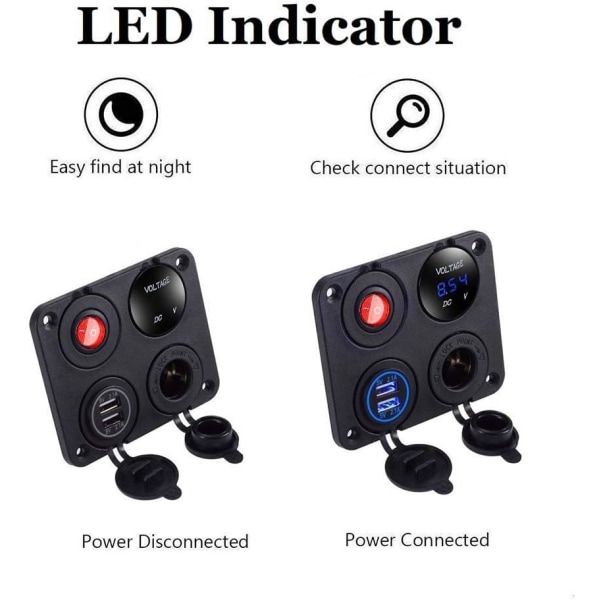 Dobbel USB-lader bryterpanel i aluminium, LED-voltmeter, 12 V-kontakt + av/på-bryter 4-hulls knappstrimmel for bilbåt Marine lastebil Motorsykkel RV ATV