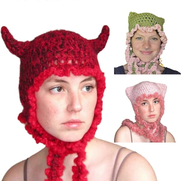 Rolig Hornmössa Tonåringar Kostymhatt Halloweenpresent Pullovermössa Mjuk Mössa Halloweenpresent Varm Mjuk Mössa Röd A