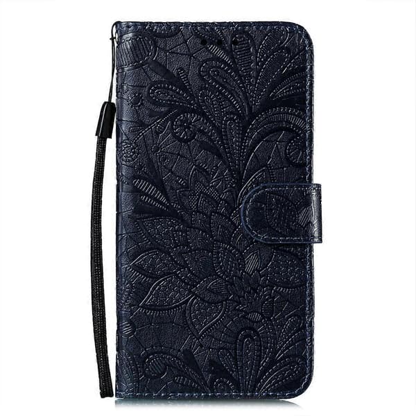 För iPhone 14 / 13 Spetsblomma Prägling Flip Läder Telefonfodral