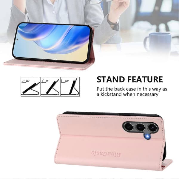 Kompatibel med Samsung Galaxy S24+ / Galaxy S25+ RINACASIS RC01 Läderfodral RFID Plånboksstativ Magnetisk Stängning Stötsäker Rosa