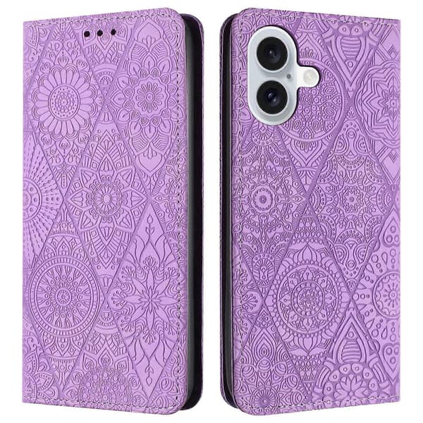 Fodral för iPhone 16 med präglat blomstermönster, plånboksställ i läder A