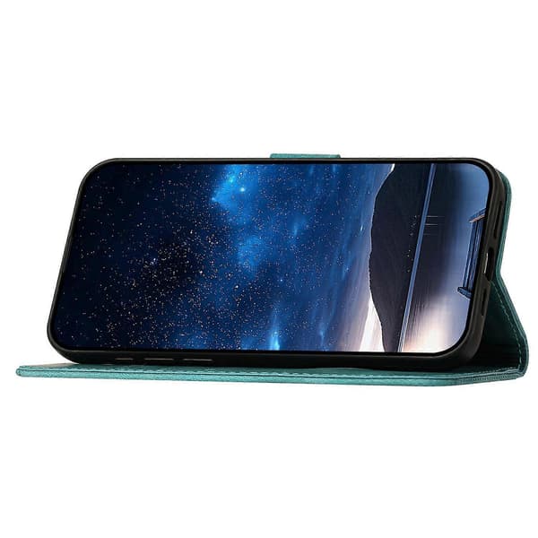 iPhone 15 Pro Max -nahkalompakkokotelo perhoskuviolla ja hihnalla A