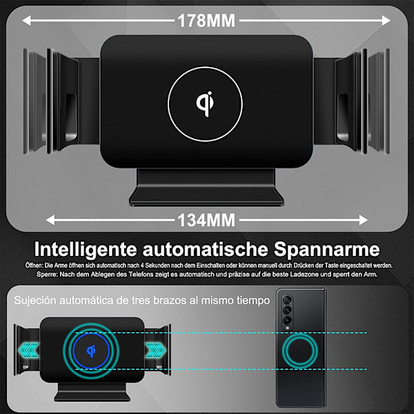 Trådløs billader for Galaxy Z Fold 2/3/4, ventilasjonsåpninger og dashbord [15W Qi hurtiglading] [sterk sug, anti-shake] for 4,5-8,0 tommers mobil