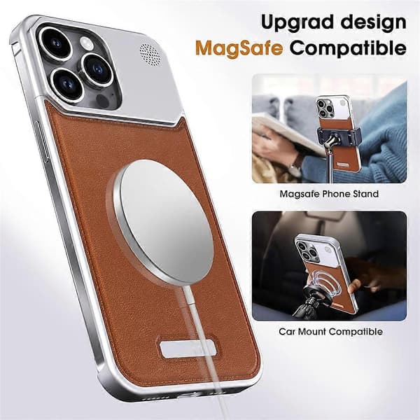 Kompatibel med iPhone 15 Pro Max Magnetiskt Fodral Aromaterapi Aluminiumlegering Läder Baksida Telefonfodral A