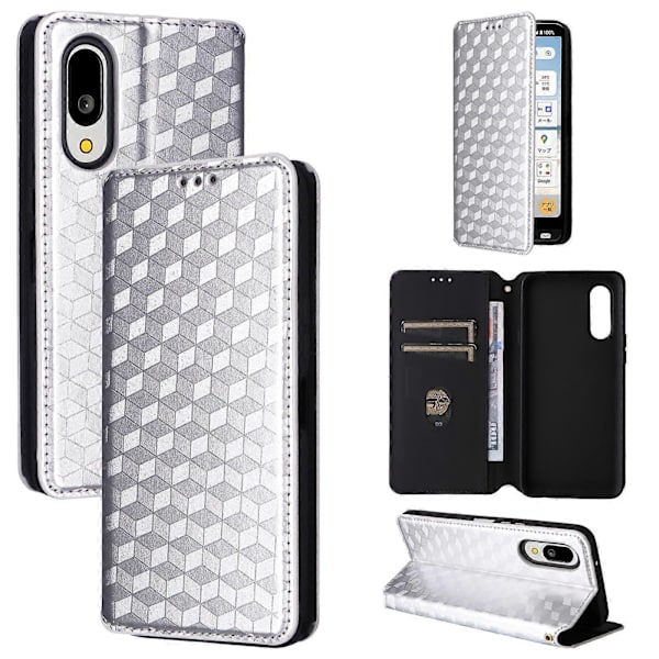 Cubic Grid Texture Flip Leather Phone Case (sølv, for Sharp Basio Active3)