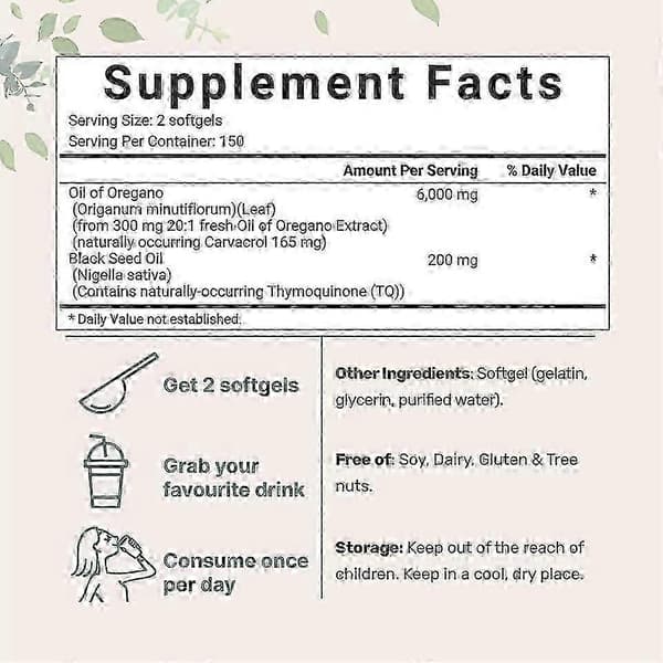 Oreganoöljy Mustakuminaöljy 6000mg Ravintogeelit ja -purutabletit 180 kpl A