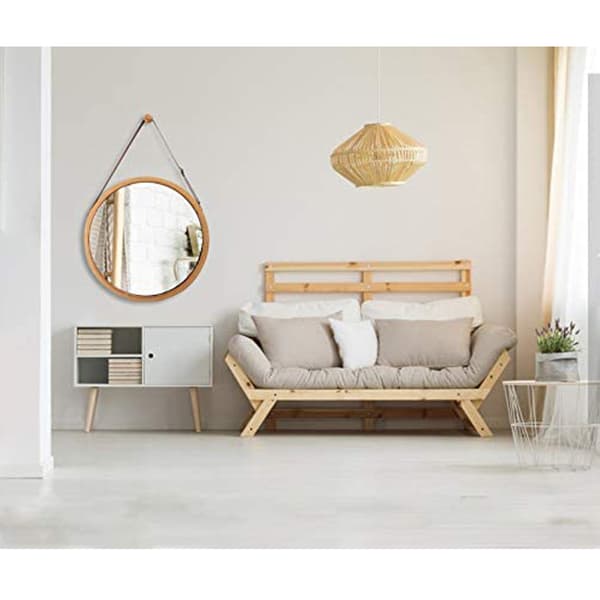 Bambu väggspegel rund hall spegel badrumsspegel med justerbar läderrem 38cm