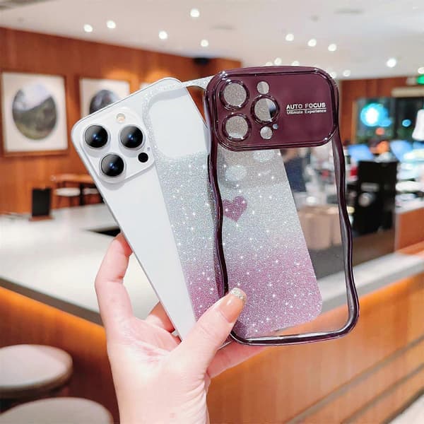 Til iPhone 16 Pro Max-deksel Kjærlighetshjerte Gradient Glitter TPU Telefondeksel Galvanisering Krøllete Ramme A