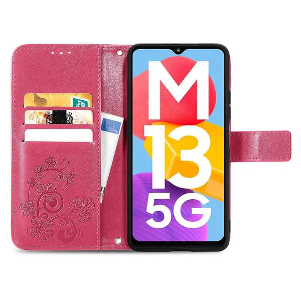 Til Samsung Galaxy M13 5G Firekløverlås Præget Spænde Læder Telefoncover