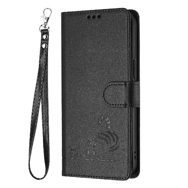 Etui til iPhone 15 Plus kortholder støtteben katt RFID lommebok flip-deksel svart