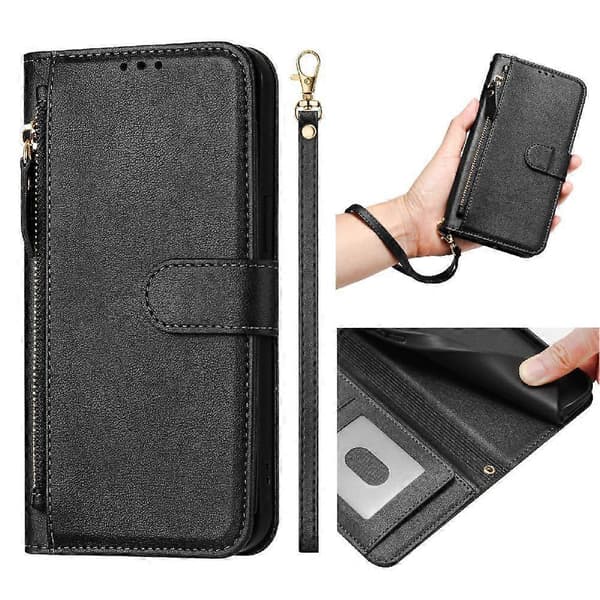 Flip-etui til Samsung Galaxy A21 lynlås kortholder PU-læder magnetisk sort