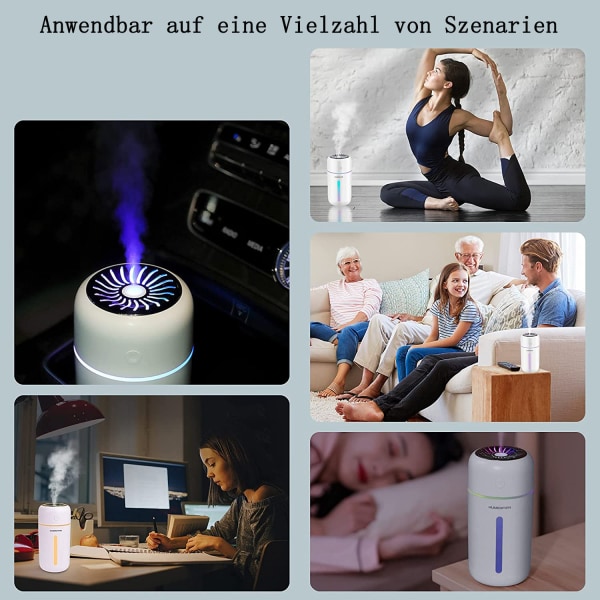 Mini luftfugter 300ml, genopladelig luftfugter med 1200 mAh batteri, automatisk slukning og natlysfunktion, til bil/kontor/soveværelse
