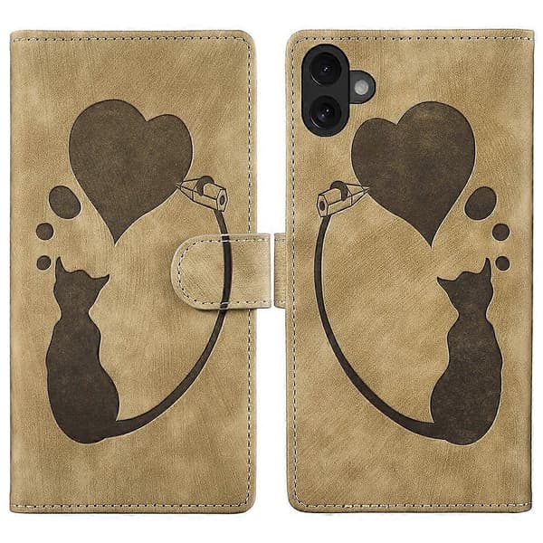 Til iPhone 16 etui Hjerte Kat Foldeholder PU Læder Telefoncover