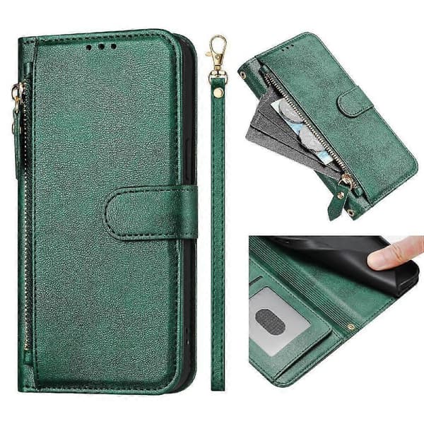 Flip-etui til iPhone 16 Plus kortholder lynlås PU-læder magnetisk grøn