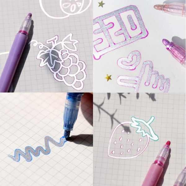 Dobbelt linje kontur pen, 8 farver metallic penne, glitter