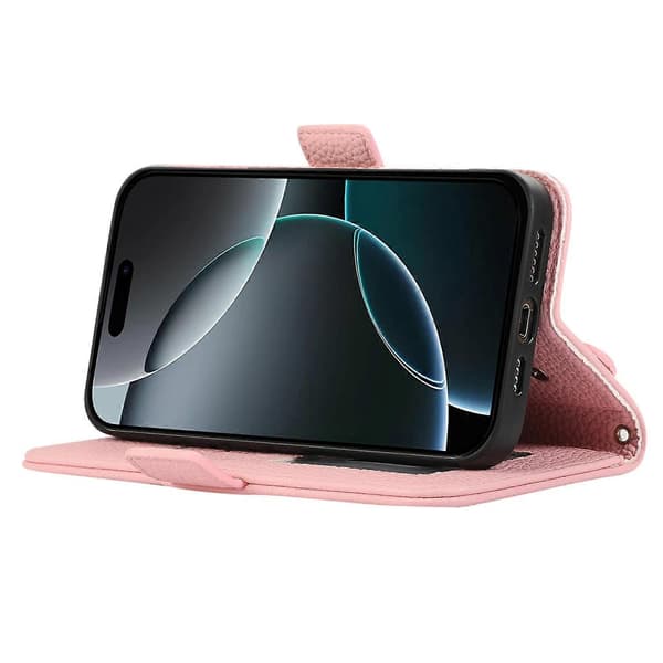 För iPhone 14 Pro läderfodral med korthållare, remmar, stötsäkert plånboksfodral - Rosa A