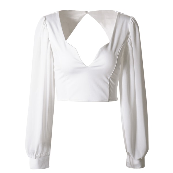 Kvinde Gennemsigtig Langærmet Crop Top Scoop Hals Elegant Bluse