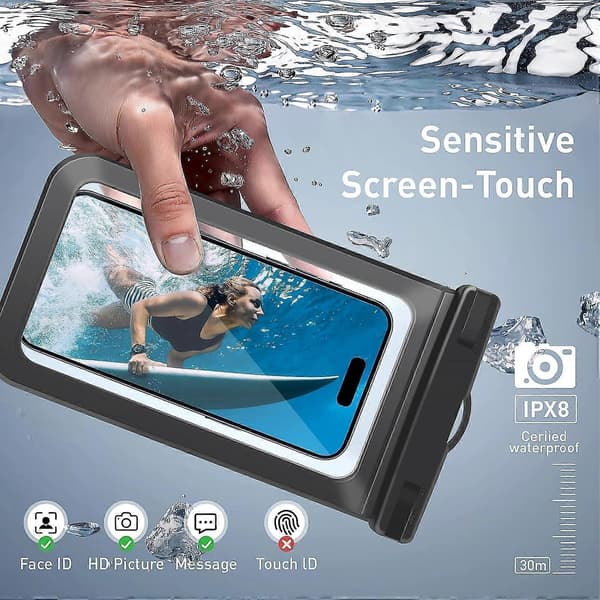 1/2/4 Vandtæt etui pose mobiltelefon tørpose kompatibel med iPhone 17 16 15 14 13Pro Max Plus Sort | Universal, op til 8,3\", krydstogtskib, kajak, strand A
