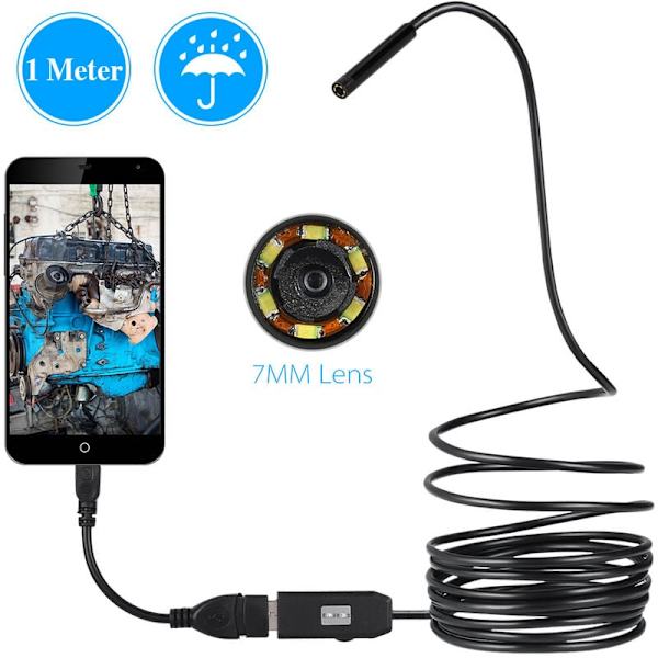 Android telefon endoskop, 0.3MP endoskop, 7mm linse, USB overførselsinterface, 6 lys, 1 meter