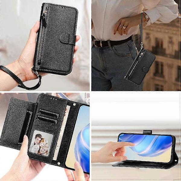 Flip-etui til iPhone 16 Plus kortholder lynlås PU-læder magnetisk sort