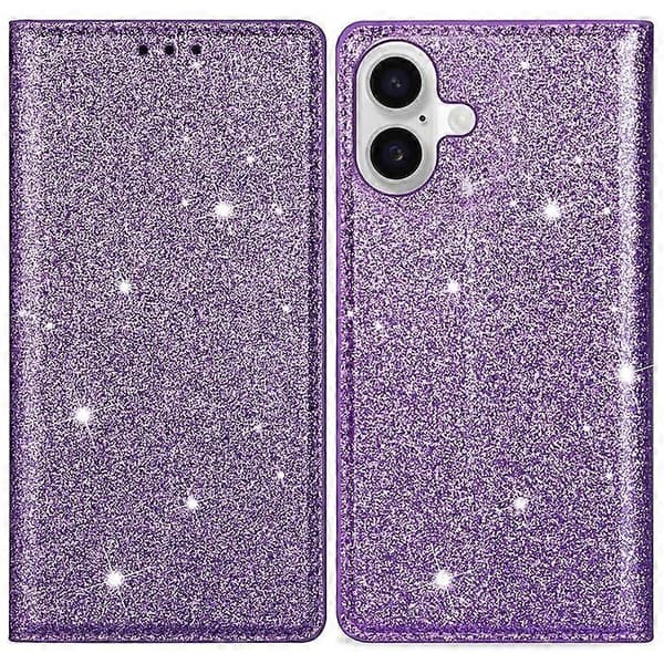 Kompatibel med iPhone 16 Plus etui, glitrende PU-læder+TPU-kortplads telefoncover lilla
