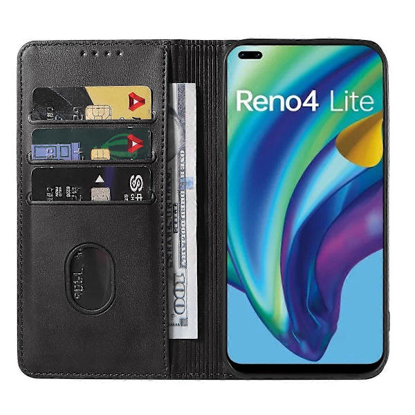 Til OPPO Reno4 Lite Lædertelefonetui med magnetisk lukning (sort)