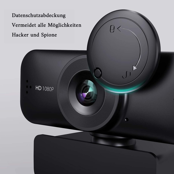 Webcam med mikrofon, Full HD 1080P webcam med dæksel til videostreaming, onlineundervisning, konferencer, fungerer med Skype, Zoom, Facetime