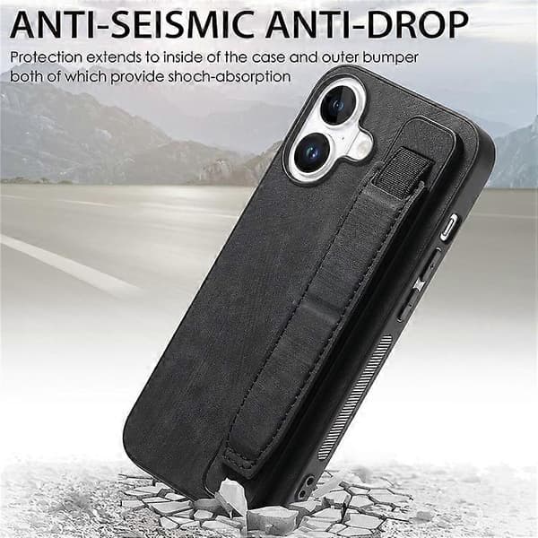 D11 Kompatibel med iPhone 16 Plus etui armbånd læder + TPU telefoncover sort