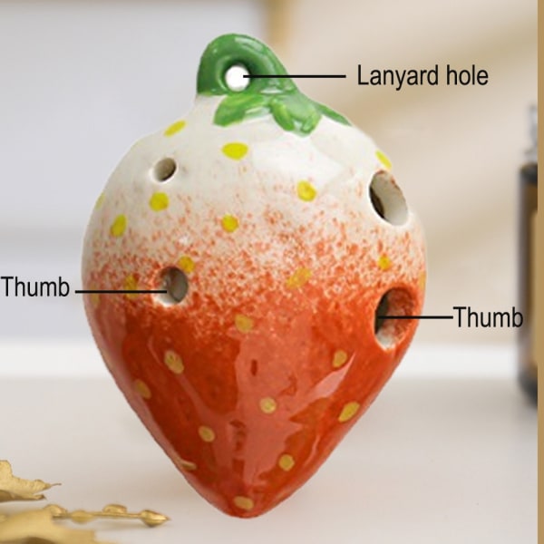 6-hullet jordbær okarina - keramisk okarina med halsrem til