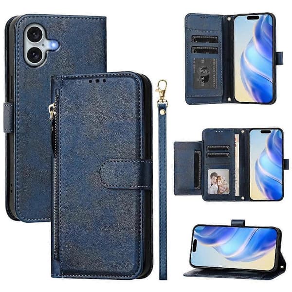 Flip-etui til iPhone 16 Plus kortholder lynlås PU-læder magnetisk blå