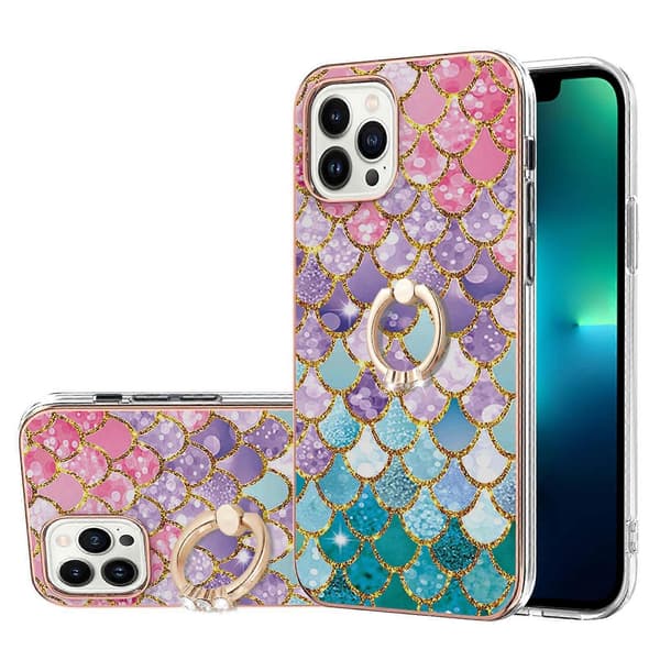 For iPhone 16 Pro Galvaniseringsmønster IMD TPU Støtsikkert Deksel med Rhinestone Ringholder