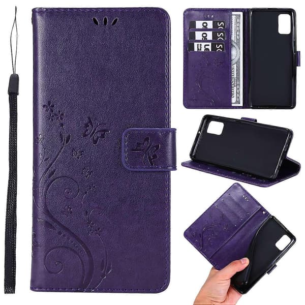 Imprint Butterflies Plånboksställ Flip Läder Telefonfodral för Samsung Galaxy A41 (Global Version) - (Mörklila)
