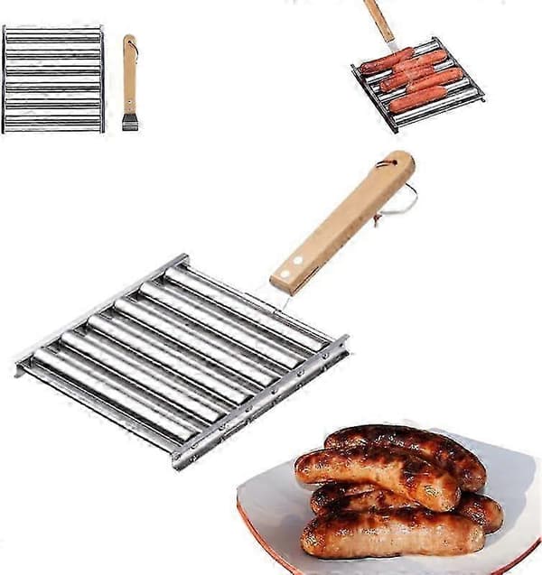 Pølseruller for grill, pølseruller i rustfritt stål med ekstra langt trehåndtak, BBQ pølseruller for jevnt stekt A