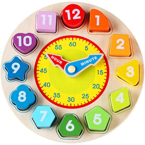 Time Clock Toy for Kids Wooden Time Learning Shape Sortering