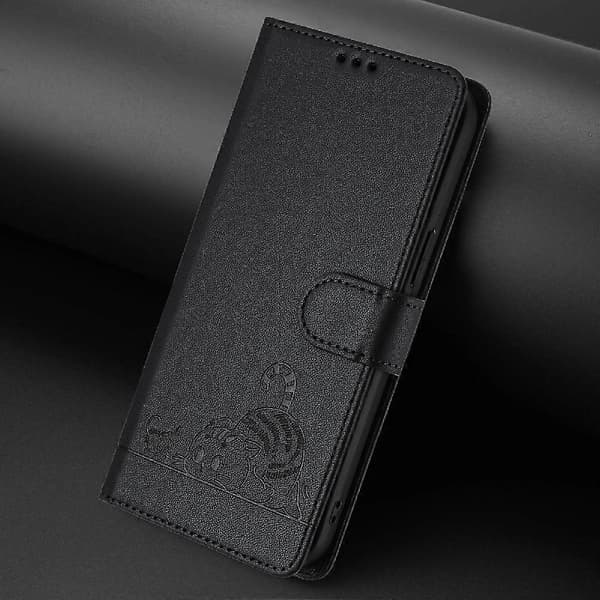 Etui til iPhone 15 Plus kortholder støtteben kat RFID pung flip cover sort