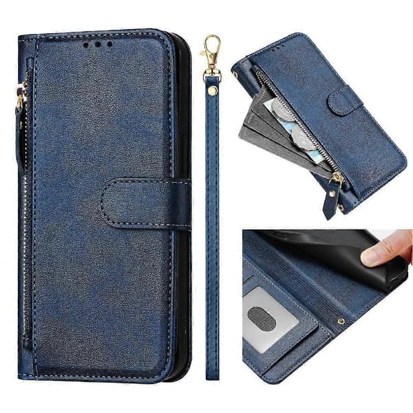 Flip-etui til iPhone 16 Plus kortholder lynlås PU-læder magnetisk blå