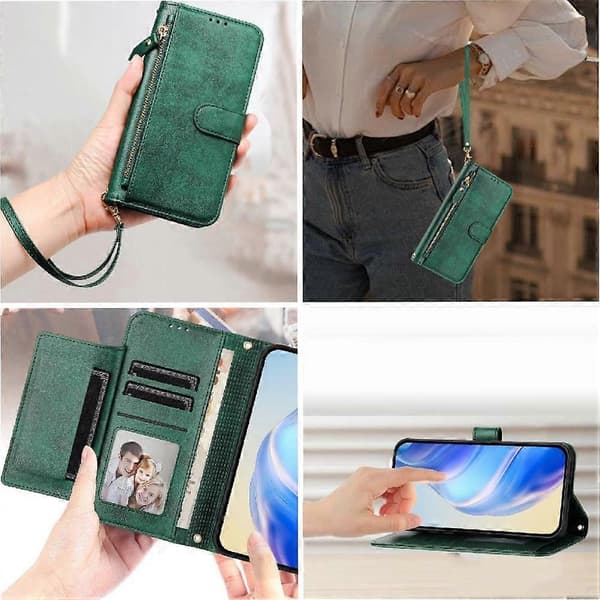 Flip-etui til Honor 90 Pro 5G PU-læder magnetisk lynlås kortholder grøn
