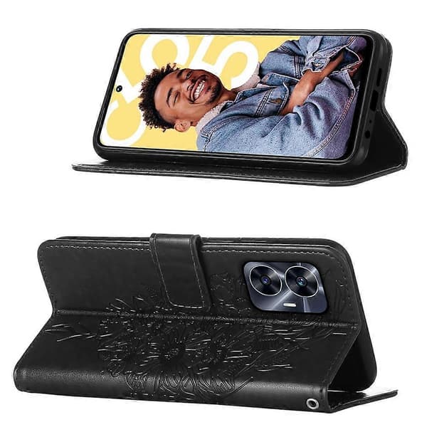 För Realme C55 präglat fjärilsläderfodral
