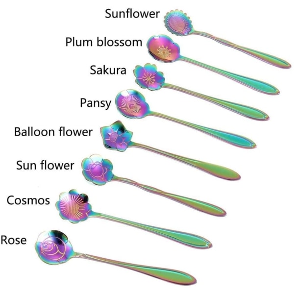 Blomsterskje sett, sett med 8 rustfrie stål teskjeer fargerike