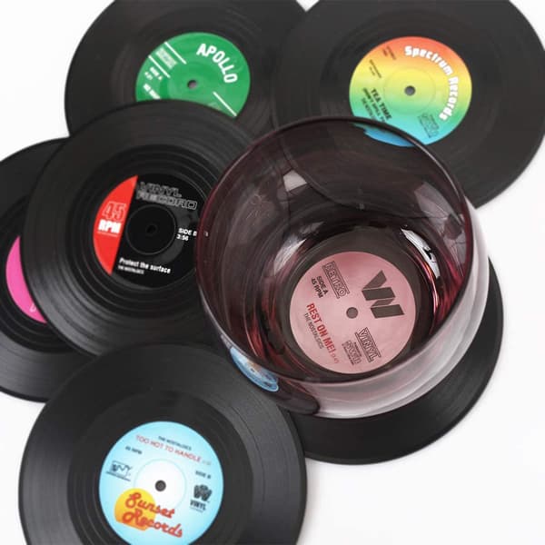 Drikkeunderlag Sæt med 6, Vinylplade Retro Underlag til Drikkevarer - Skrivebordsbeskyttelse Forhindrer Møbelskader